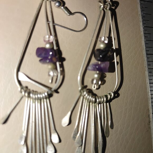 Long Vintage Silver Dangle Earrings Purple  Amethyst  Pearl Beads Fringe - Picture 2 of 9